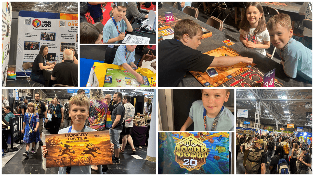 A photo collage from Hungry for Tea's day at UK Games Expo 2026